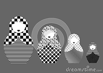 Russian nesting dolls matrioshka, set icon symbol of Russia, geometric pattern in black and white style, vector isolated on grey Vector Illustration