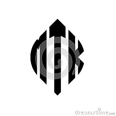 MTK circle letter logo design with circle and ellipse shape. MTK ellipse letters with typographic style. The three initials form a Vector Illustration