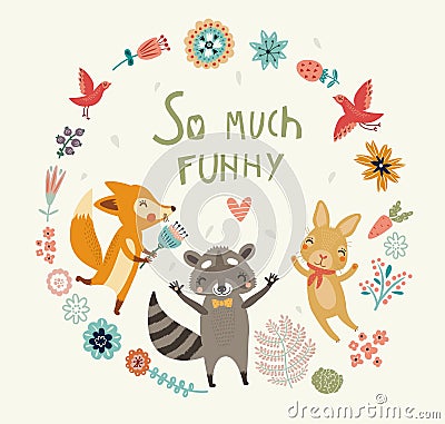 So much funny! Cute background with animal Vector Illustration