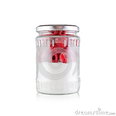 So much sugar is in the usual jam, a glass jar with sugar and raspberries isolated on white Stock Photo