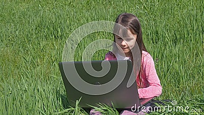 Muchacha con el ordenador portátil en hierba verde Niña en la naturaleza Contratan a un niño hermoso con un ordenador portátil a almacen de metraje de vídeo Muchacha con el ordenador portátil en hierba verde Niña en la naturaleza Contratan a un niño hermoso con un ordenador portátil a almacen de metraje de vídeo