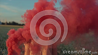Muchacha morena atractiva joven en falda con una bomba de humo rosada en el campo Muchacha que tiene goce de risa de la diversión almacen de metraje de vídeo Muchacha morena atractiva joven en falda con una bomba de humo rosada en el campo Muchacha que tiene goce de risa de la diversión almacen de metraje de vídeo