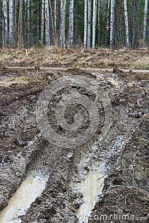 Mud driveway rutted up by 4x4`s Stock Photo