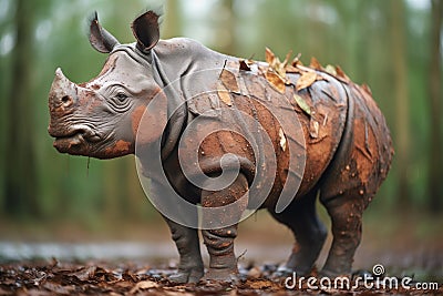 mud-splattered javan rhino after bath Stock Photo