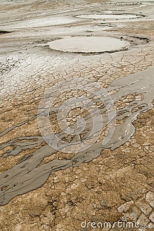 Mud volcanoes ponds and mud stream looking like lunar landscape in vulcanii noroiosi reserve paclele mari buzau county romania Stock Photo