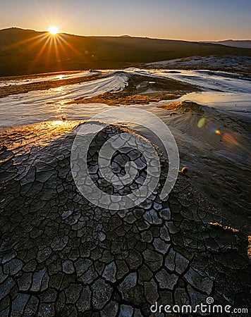 Mud volcanoes with stunning sunrise in Chahuna managed reserve in Georgia Stock Photo