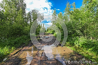 Muddy dirty road through forest with puddles Stock Photo