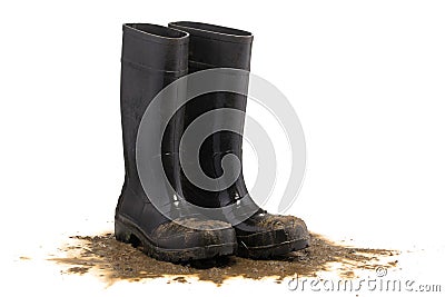 Muddy rubber boots 3/4 view isolated on white Stock Photo