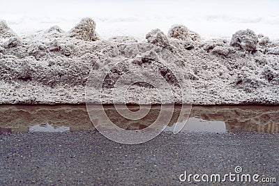 Muddy snow on the side of a paved road Stock Photo