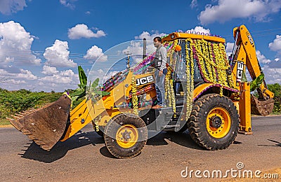 Closeup of decorated bulldozer during Dasara festival, Mudrapura, Karnataka, India Editorial Stock Photo