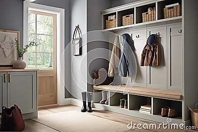 Mudroom: Capture a set of images that showcase a practical, organized mudroom. Generative AI Stock Photo