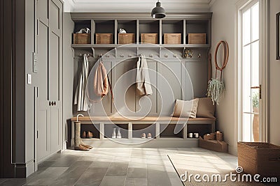 Mudroom: Create a set of images that showcase a practical, organized mudroom. Generative AI Stock Photo