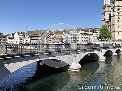 Muensterbruecke or Munsterbrucke - A pedestrian and road bridge over the Limmat in the city of ZÃƒÂ¼rich Editorial Stock Photo