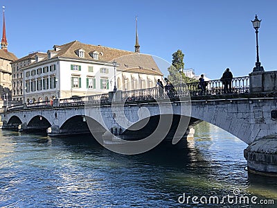 Muensterbruecke or Munsterbrucke - A pedestrian and road bridge over the Limmat in the city of ZÃ¼rich Editorial Stock Photo