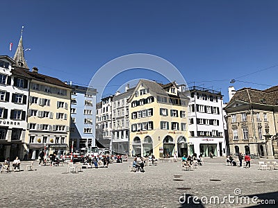 Muensterhof or Munsterhof Fraumuenster abbey courtyard - Town square situated in the Lindenhof quarter in the historical center Editorial Stock Photo