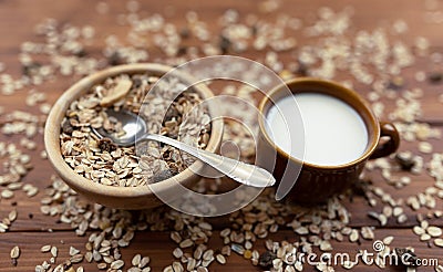 Muesli cereals and fresh milk, healthy vegetarian or fitness diet food, breakfast Stock Photo