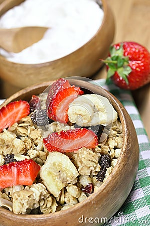 Muesli cereals, yoghurt and fresh strawberries Stock Photo