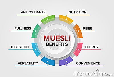 Muesli health benefits vector icons set infographic illustration background. Healthy Breakfast. Vector Illustration