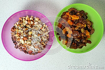 Muesli heap, baked muesli healthy Breakfast, granola ingredients Stock Photo