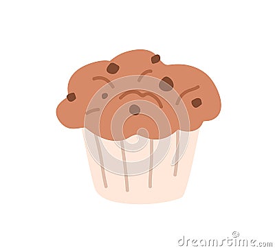 Muffin with chocolate flavor and choco chips. Cupcake with with lush top and cookie drops. Sweet bakery. Flat vector Vector Illustration