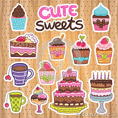 Muffin, Cupcake, pie, cake, tea set. Vector Illustration