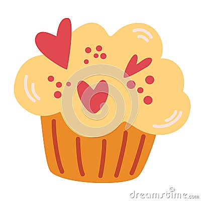 Muffin with hearts. Sweet dessert food. Cupcake with vanilla cream for Valentines day. Vector cartoon illustration. Isolate on a Vector Illustration