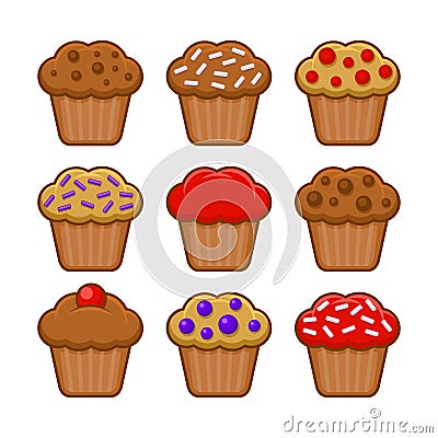 Muffin Icon Set. Blueberry, Chocolate and Cherry Cupcake. Vector Vector Illustration