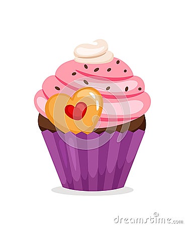 Muffin with pink cream and cookie Vector Illustration