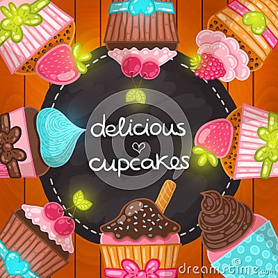 Muffin set. Cupcake frame. Vector Illustration