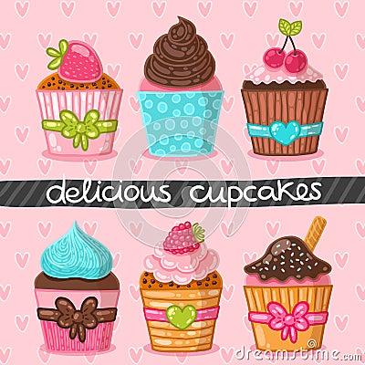 Muffin set. Cupcake set. Vector Illustration