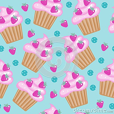 Muffins, cupcakes seamless pattern. Delicious Cake background, texture. Baby, Kids wallpaper. Vector illustration. Vector Illustration