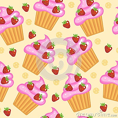 Muffins, cupcakes seamless texture. Delicious Cake background. Baby, Kids wallpaper and textiles. Vector illyustration Vector Illustration