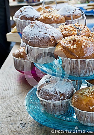 Muffins in a vintage tier cake stand. Stock Photo