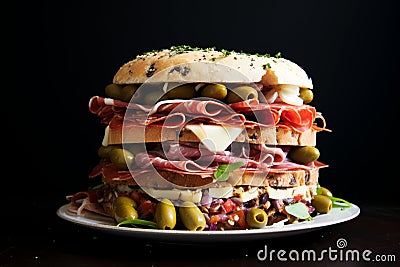 Muffuletta: Sicilian Sesame Bread Sandwich with Olive Salad, Cheese, and Meats Stock Photo