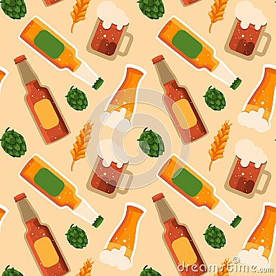 Mug of beer and bottles seamless pattern Vector Illustration