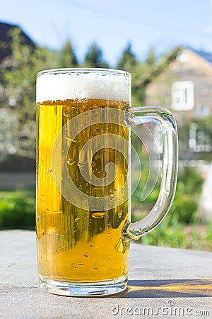 Mug of beer with foam on background of nature. Stay with alcohol on the outdoors. Stock Photo