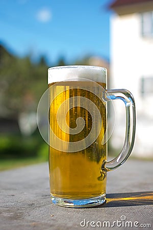 Mug of beer with foam on background of nature. Stay with alcohol on the outdoors. Stock Photo