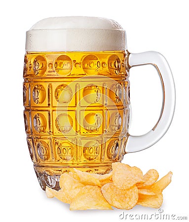 Mug of beer with foam and pile of potato chips isolate Stock Photo