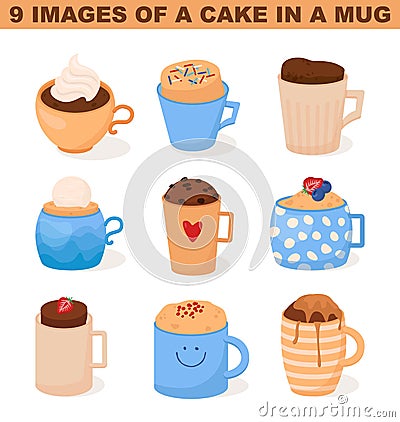Mug cake set. Sweet pastry cooked in a coffee mug. Sweet cupcakes Cartoon Illustration