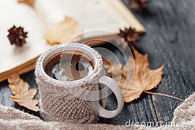 A mug of coffee in a knitted jacket, an open old book, autumn dry leaves on the table. Stock Photo