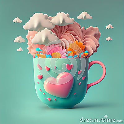 Mug with flowers and hearts, creative positive thinking, self care, hope and support concept, generative AI Stock Photo