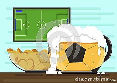Mug in the form of soccer ball with foam kraft beer and a plate of crispy potato chips.Against the backdrop of the TV Vector Illustration