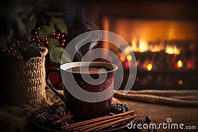 Mug of hot chocolate cinnamon is on table in front of the burning fireplace. Christmas mood, home comfort. 3d illustration Cartoon Illustration