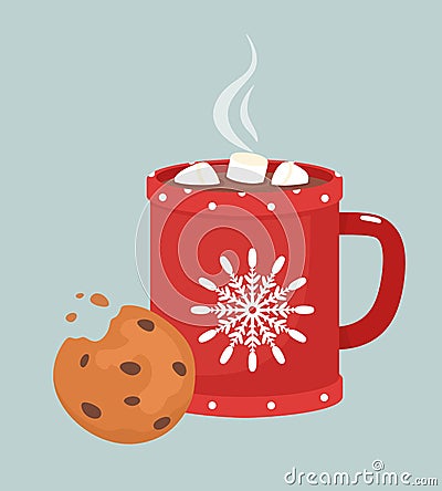 Mug with hot chocolate, marshmallows and traditional chocolate chip cookies. Vector illustration. Vector Illustration