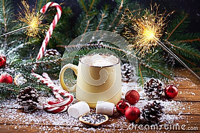 Mug with hot chocolate snow wooden table Stock Photo