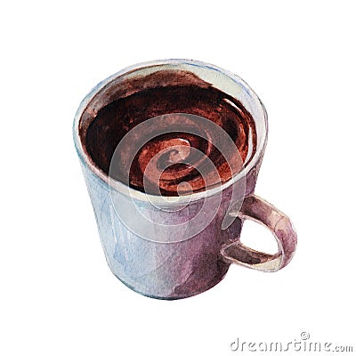 The mug of hot coffee with expression patches of light. Isolated object on white background, watercolor illustration. Cartoon Illustration