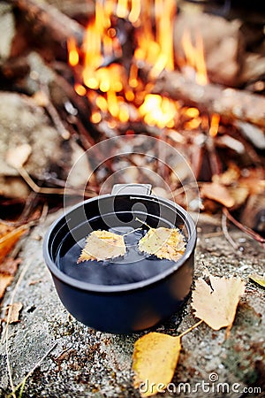 Mug of hot tea is autumn in a forest in Golden yellow foliage. Autumn came, magical mood. Yellow leaves floating Stock Photo