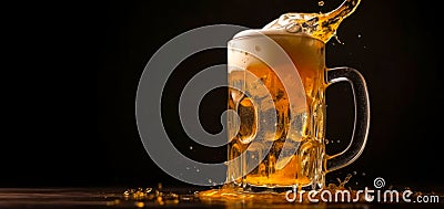 Mug with lager on table with beer splash, banner for international beer day, AI generated Cartoon Illustration