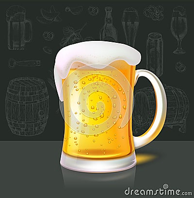 Mug of Refreshing Cold Beer on Background of Wall Vector Illustration