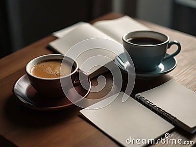 A blank diary note book and a cup of hot coffee on table Stock Photo